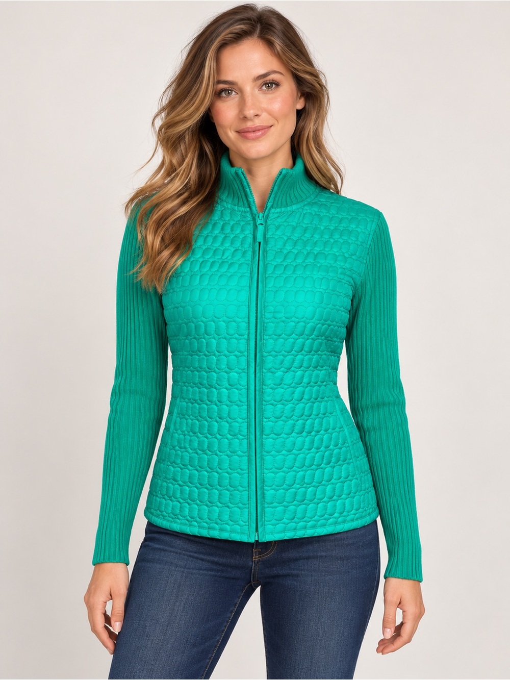 For Cynthia Green Quilted Front Zip Sweater Jacket Ribbed Knit Back Size L